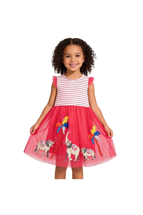 Girls Tulle Dress with Elephant Applique, Ruffle Sleeve Party Dress for Birthday Easter, Red & Pink Tutu Dress, Sizes 2T-10,Size 3 T