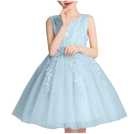Girls Tulle Embroidery Lace Princess Pageant Prom Dance Formal Evening Midi Dresses Sleeveless A-Line Dress 2-14Y