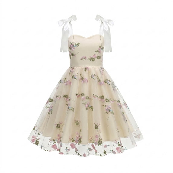 Girls Tulle Princess Dresses Trendy Embroidery Flower Lace Bow Spaghetti Gown for Pageant Wedding Birthday Party Graduation Dance Prom Beige 10-11 Years