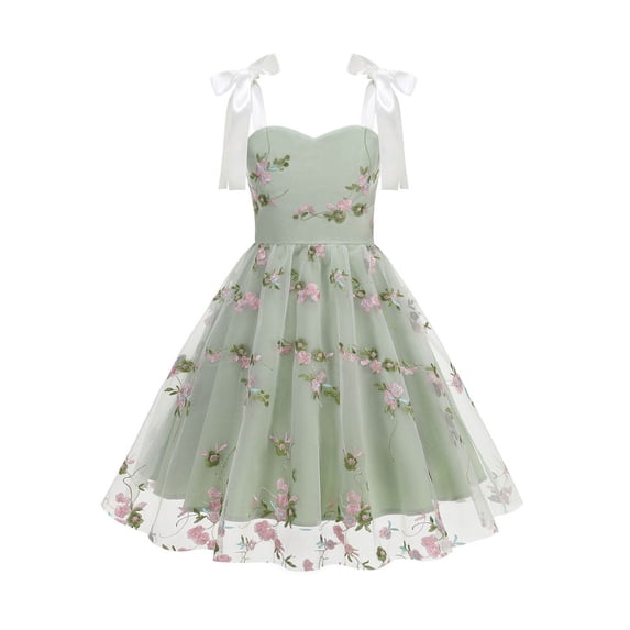 Girls Tulle Princess Dresses Trendy Embroidery Flower Lace Bow Spaghetti Gown for Pageant Wedding Birthday Party Graduation Dance Prom Green 5-6 Years