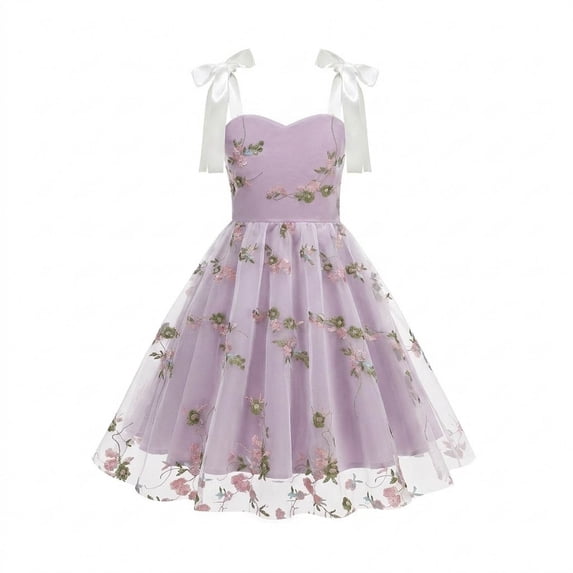 Girls Tulle Princess Dresses Trendy Embroidery Flower Lace Bow Spaghetti Gown for Pageant Wedding Birthday Party Graduation Dance Prom Purple 8-9 Years