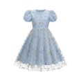 thumbnail image 1 of Girls Tulle Princess Dresses Trendy Embroidery Flower Lace Puff Sleeve Crew Neck Gown for Pageant Wedding Birthday Party Graduation Dance Prom Blue 7-8 Years, 1 of 6
