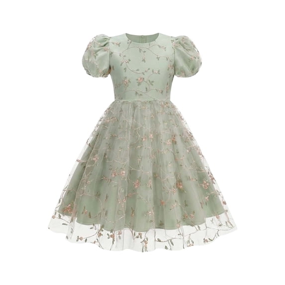 Girls Tulle Princess Dresses Trendy Embroidery Flower Lace Puff Sleeve Crew Neck Gown for Pageant Wedding Birthday Party Graduation Dance Prom Green 5-6 Years