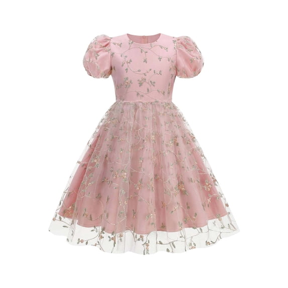 Girls Tulle Princess Dresses Trendy Embroidery Flower Lace Puff Sleeve Crew Neck Gown for Pageant Wedding Birthday Party Graduation Dance Prom Pink 5-6 Years