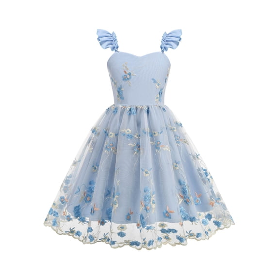 Girls Tulle Princess Dresses Trendy Embroidery Flower Lace Ruffle Spaghetti Gown for Pageant Wedding Birthday Party Graduation Dance Prom Blue 9-10 Years