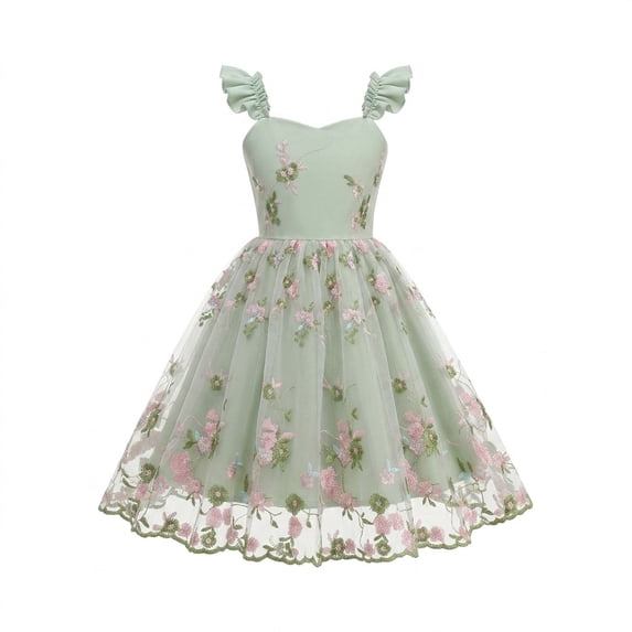 Girls Tulle Princess Dresses Trendy Embroidery Flower Lace Ruffle Spaghetti Gown for Pageant Wedding Birthday Party Graduation Dance Prom Green 7-8 Years