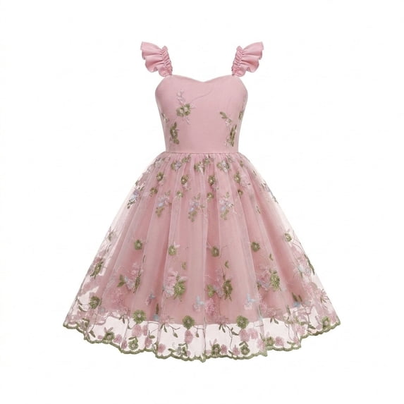 Girls Tulle Princess Dresses Trendy Embroidery Flower Lace Ruffle Spaghetti Gown for Pageant Wedding Birthday Party Graduation Dance Prom Pink 7-8 Years