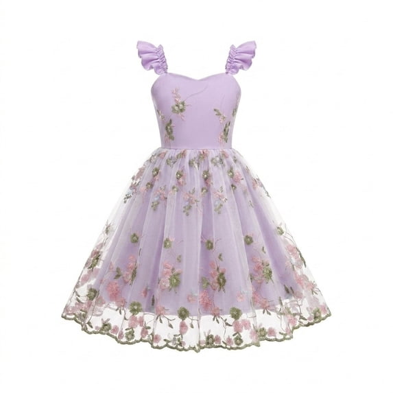 Girls Tulle Princess Dresses Trendy Embroidery Flower Lace Ruffle Spaghetti Gown for Pageant Wedding Birthday Party Graduation Dance Prom Purple 5-6 Years