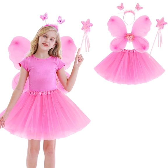 Girls Tulle Skirt Layered Pink Tutuwith Wings and Hairband Elastic Waist Ballet Dance Tutu Skirt Fairy Dress 3-10 Years
