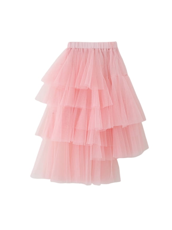 Girls Tulle Skirts Mesh Layered Ruffle Long Tiered Skirt Princess Party Tutu Fluffy Skirts Pink, 7-8Y