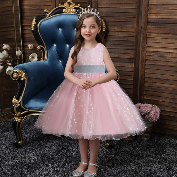 Girls Tulle Tutu-Dresses Sleeveless Semi-Formal Cocktail Gowns Toddlers Kids Cute Polka Dot Printed High Waisted Bowknot Evening Dress 3-10Y