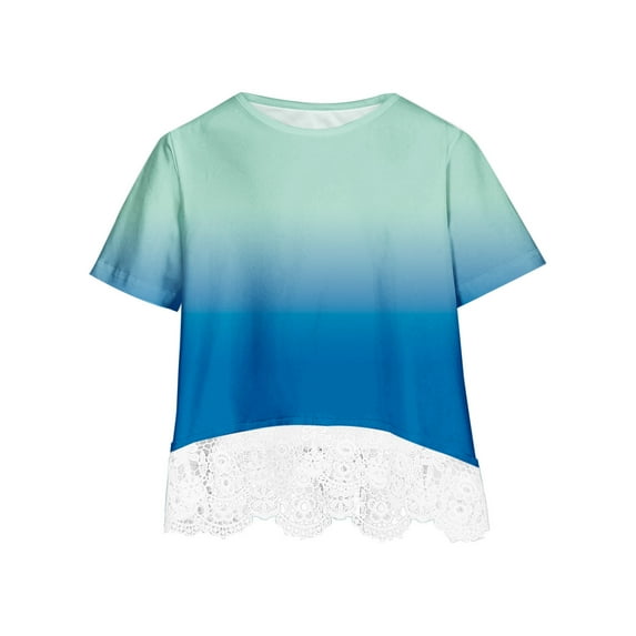 Girls Tunic Tops, Kids Short Sleeve T-Shirt, Gradient Color Crew Neck Lace Summer Tops Casual Loose Blouse Tees Shirts for 3-13 Years Blue 3-4T
