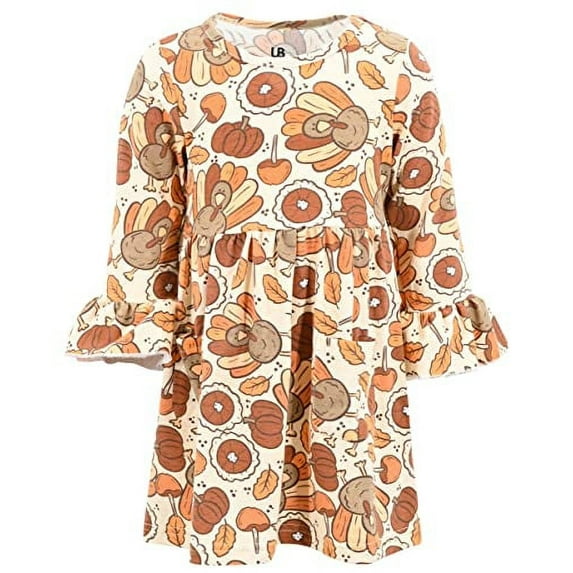Girls Turkey Pie Long Sleeve Thanksgiving Dress Outfit Clothes (5Y, Beige)