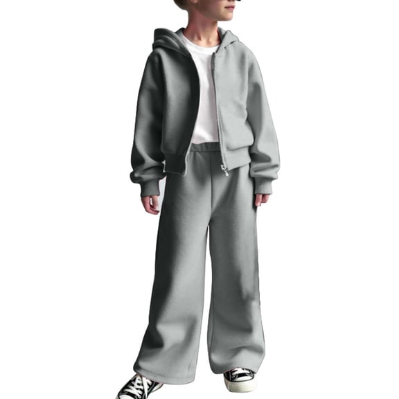 Girls Turtleneck Hoodie Sweatsuit, Solid Color Zip Top & Lounge Pants Set, Warm & Cozy Outfit for Winter, Travel & Indoor Play,Gray,12