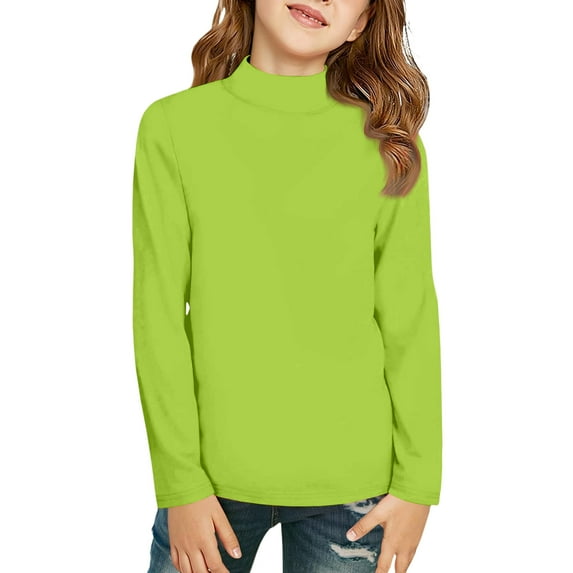 Girls Turtleneck Long Sleeve Pullover T-Shirt Soft Warm Stretch Kids Basic Turtle Neck Tops for Girls,Fluorescent Green 11-12 Years