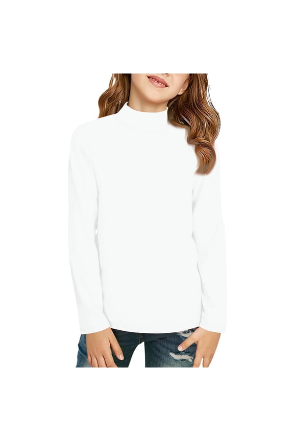 Girls Turtleneck Long Sleeve Pullover T-Shirt Soft Warm Stretch Kids Basic Turtle Neck Tops for Girls,White 7-8 Years