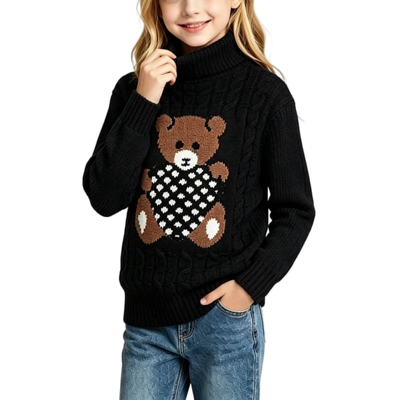 Girls Turtleneck Sweater Cute Bear Cable Knit Sweaters Pullover Warm Long Sleeve Shirts Fall Winter Clothes Black, 7 Y