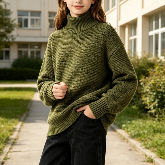 Girls Turtleneck Sweaters Pullover Kids Toddlers Cable Knit Warm Long Sleeve Winter Top, Sizes 11-16 Years Green01#, Size 150