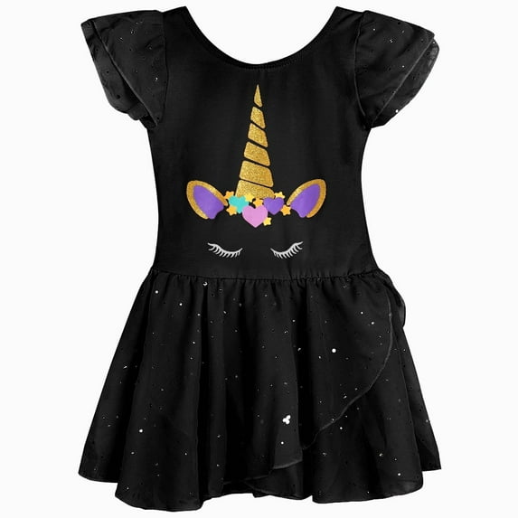 Toddler Girls Ballet Dance Outfit - Unicorn Gymnastic Leotard with Shiny Chiffon Tutu & Ruffle Sleeve Stage Wear