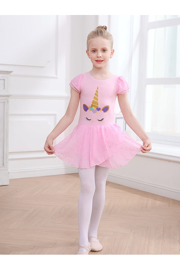 Toddler Girls Ballet Dance Outfit - Unicorn Gymnastic Leotard with Shiny Chiffon Tutu & Ruffle Sleeve Stage Wear