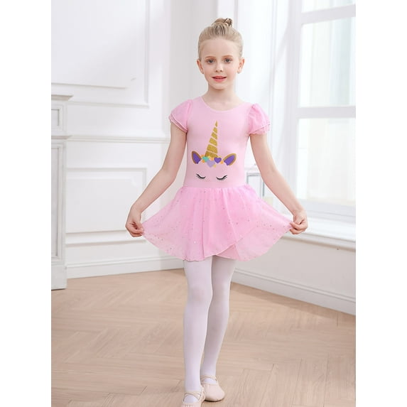 Toddler Girls Ballet Dance Outfit - Unicorn Gymnastic Leotard with Shiny Chiffon Tutu & Ruffle Sleeve Stage Wear