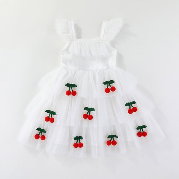 Girls Tutu Dress Cute Cherry Decor Flutter Sleeve A-Line Outfits Toddler Sweet Layered Tulle Princess Dress White 2-3 Years