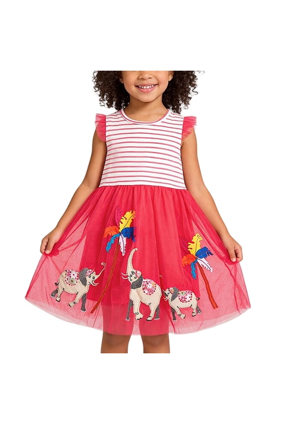 Girls Tutu Dress Red Elephant & Palm Tree Embroidery Ruffle Sleeve Tulle Party & Casual Dress Above Knee Length For Girls 2-8 Years,Size 3 T