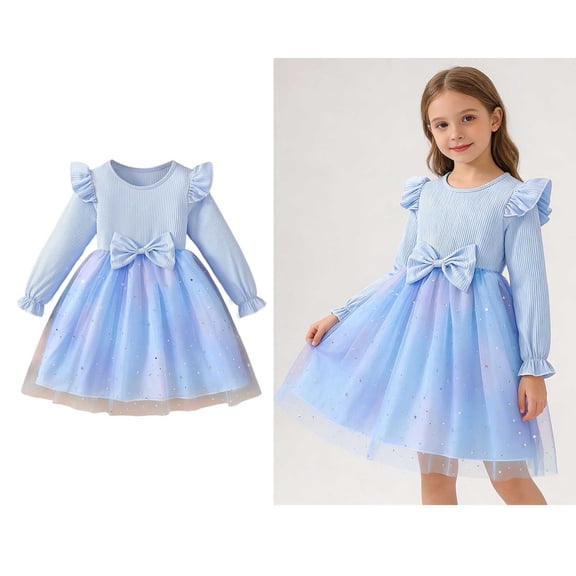 Girls Tutu Dress Ruffles Long Sleeve Blue Dress Girls Sparkly Girls Tulle Dress Fall Dress Holiday Dress for Girls 5-6 Years