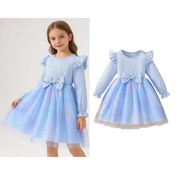 Girls Tutu Dress Ruffles Long Sleeve Girls Blue Dress Sequin Girls Tulle Dress Fall Dress Valentine Dress for Girls 5-6 Years