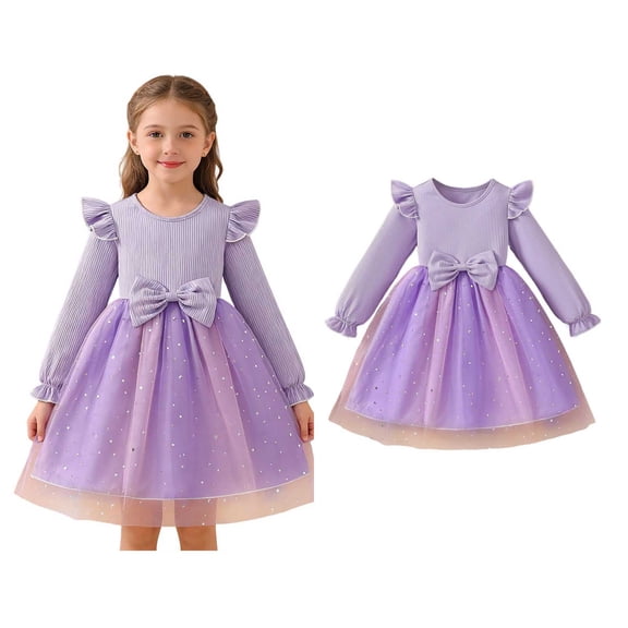 Girls Tutu Dress Ruffles Long Sleeve Purple Dress for Girls Glitter Tulle Dresses for Girls Winter Dress Girls Size 9-10 Years Holiday Dress