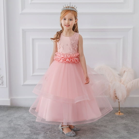 Girls Tutu-Dresses Tiered Tulle Formal Sleeveless Floral Embroidery Cocktail Gowns Teens Juniors Solid High Waisted Birthday Party Dress