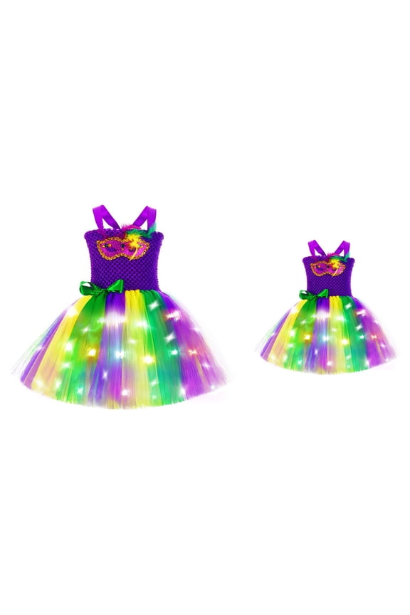 Girls Tutu Party Dress with Glitter, Mardi Gras Carnival Masquerade for Girls, Handmade Tutu Dress with Headband
