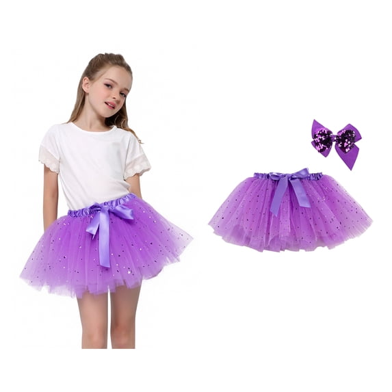 Girls Tutu Skirt Layered Purple Tutu Sparkling Sequins Skirt with Bow Hair Clip Elastic Waist Ballet Dance Dress Princess Tutu Christmas Tutu 5-8 Years