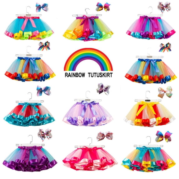 Girls Tutu Skirt Set, Toddler Baby Cute Net Yarn Princess Pettiskirt Multi-color Skirt Bow Hairpin for 2-11 Years, Rainbow Layered Tutu for Parties