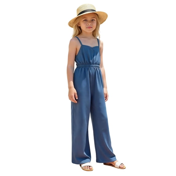 Girls Tween Sleeveless Spaghetti Strap Jumpsuit Wide Leg Smocked Waist V-Neck Solid Blue,Size 10-11 T