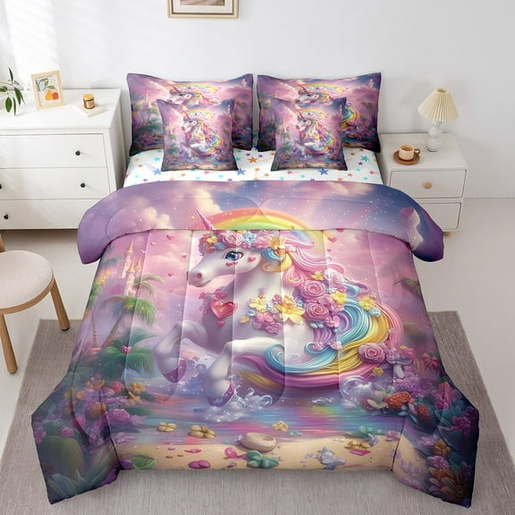 Twin Bedding Set Purple Unicorn Bed in a Bag 7 Piece Princess Prince Themed Comforter Set with Sheets Cute Cartoon Rainbow Unicorn Bed Set Rustic Rose Floral Romantic Style Sheet Set
