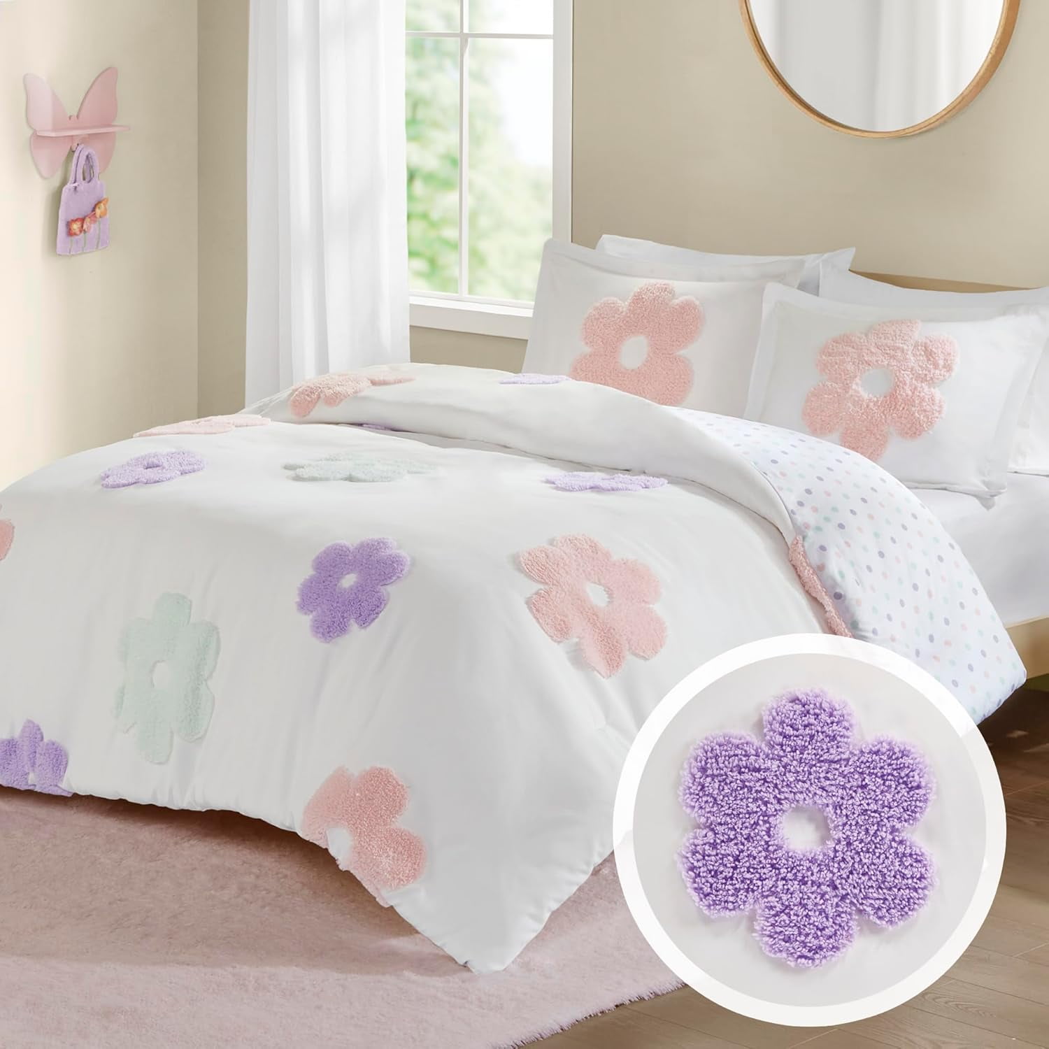 Twin White and Purple Floral Tufted Chenille Duvet Cover Set