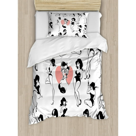 Girls Twin Size Duvet Cover Set, Famous Sexy Girl Model Posing with Full Body Features Heart Tattoo on Thigh Make Up, Decorative 2 Piece Bedding Set with 1 Pillow Sham, Black White, by Ambesonne