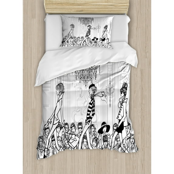 Girls Twin Size Duvet Cover Set, Fashion Show with Catwalk Mannequins Audience Supermodel Human Crowd Illustration, Decorative 2 Piece Bedding Set with 1 Pillow Sham, White Black, by Ambesonne