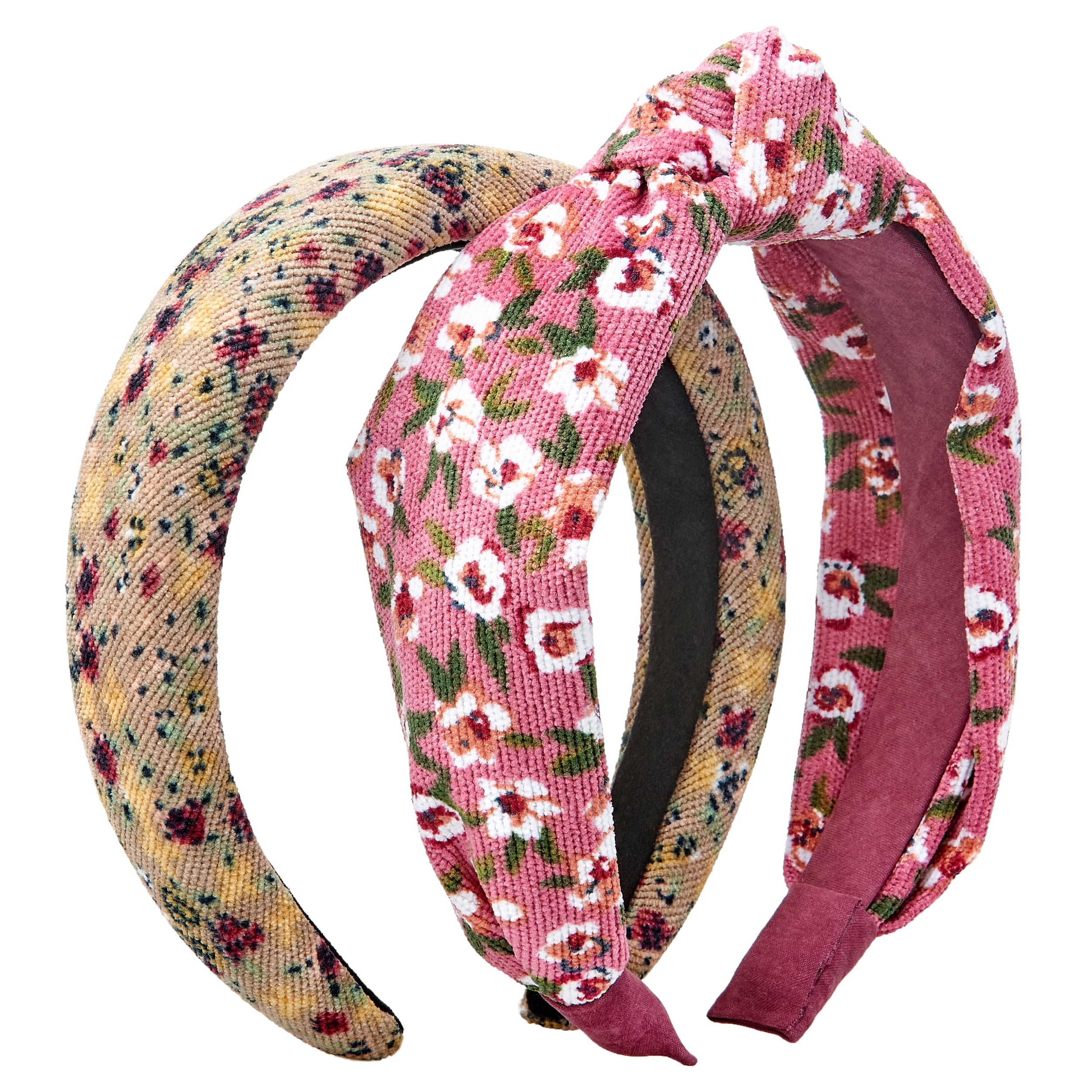 Girls Two Pack Puffy and Top Knot Corduroy Floral Kids Headbands