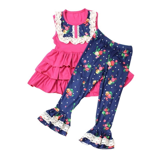 Girls Two Piece Back to School Ruffle Top and Pant Set