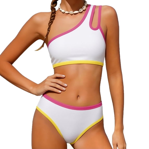 Girls Two Piece Bikini Swimsuit with Removable Chest Pads, One Shoulder Bathing Suit for Teens, Color Block Design for Summer Beach Pool