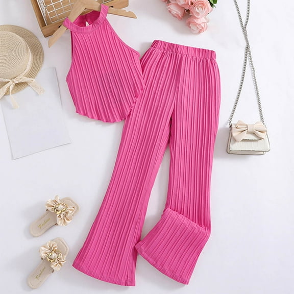 Girls Two Piece Cotton Sets 8-12 Years Trendy Tank Tops and Pants Outfits Tweens Kids Solid Color Comfort Going-Out Vacation Suits Set