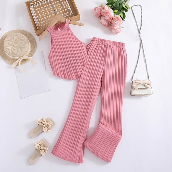 Girls Two Piece Cotton Sets 8-12 Years Trendy Tank Tops and Pants Outfits Tweens Kids Solid Color Comfort Going-Out Vacation Suits Set