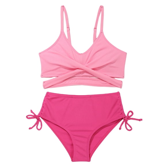 Girls Two Piece Criss Cross Bikini Bathing Suit Ribbed Crop Top Print High Cut Swim Bottoms for Teens 7-16