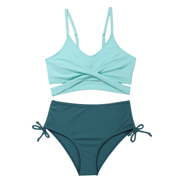 Girls Two Piece Criss Cross Bikini Bathing Suit Ribbed Crop Top Print High Cut Swim Bottoms for Teens 7-16