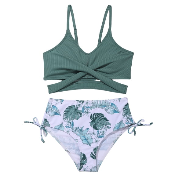 Girls Two Piece Criss Cross Bikini Bathing Suit Ribbed Crop Top Print High Cut Swim Bottoms for Teens 7-16