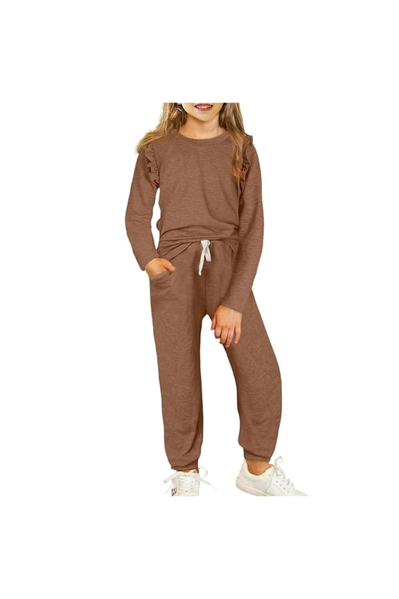 Girls Two Piece Fall Outfits Kids Sweatsuits Sets with Ruffle Details Trendy Casual Sportswear Sweatshirt Pants Suits (8 Years, Brown)
