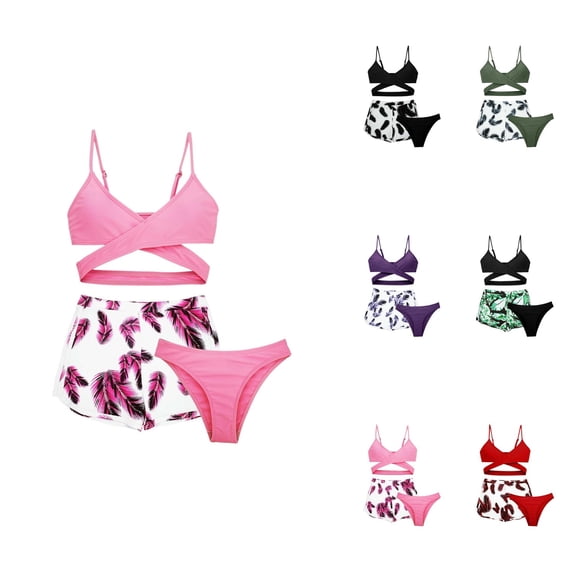 Girls Two-Piece Floral Print Swimsuit Set with Cover-Up Skirt, Stylish Summer Swimwear for Ages 3-12