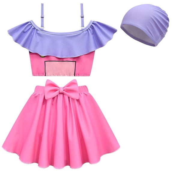 Girls Two-Piece Swimsuit w/Swimming Cap Tankini Bathing Suit, Size 3-10Y